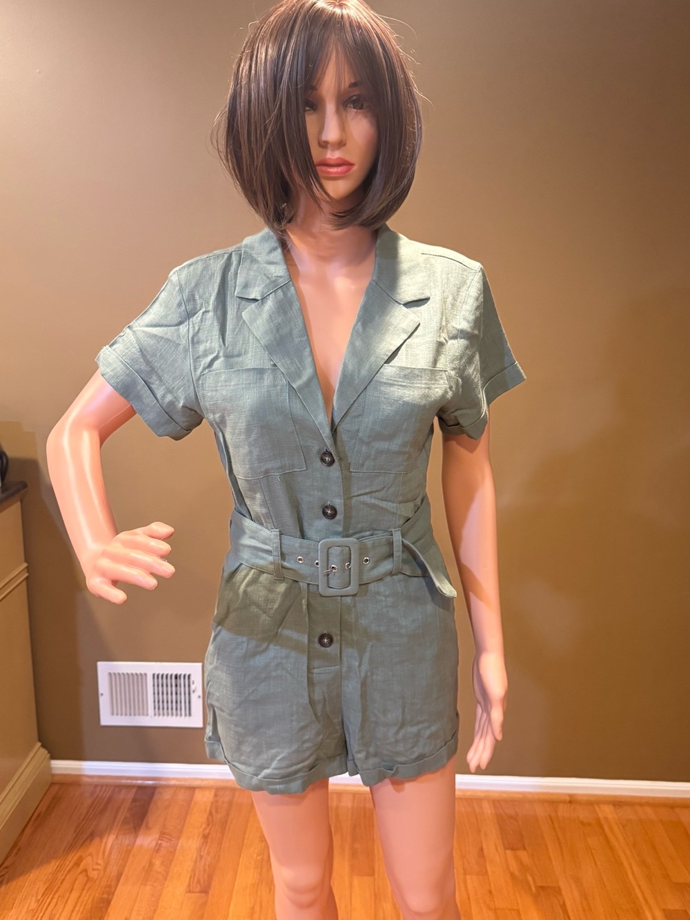 re:named Olive Green Linen Romper with Notched Collar and Belt